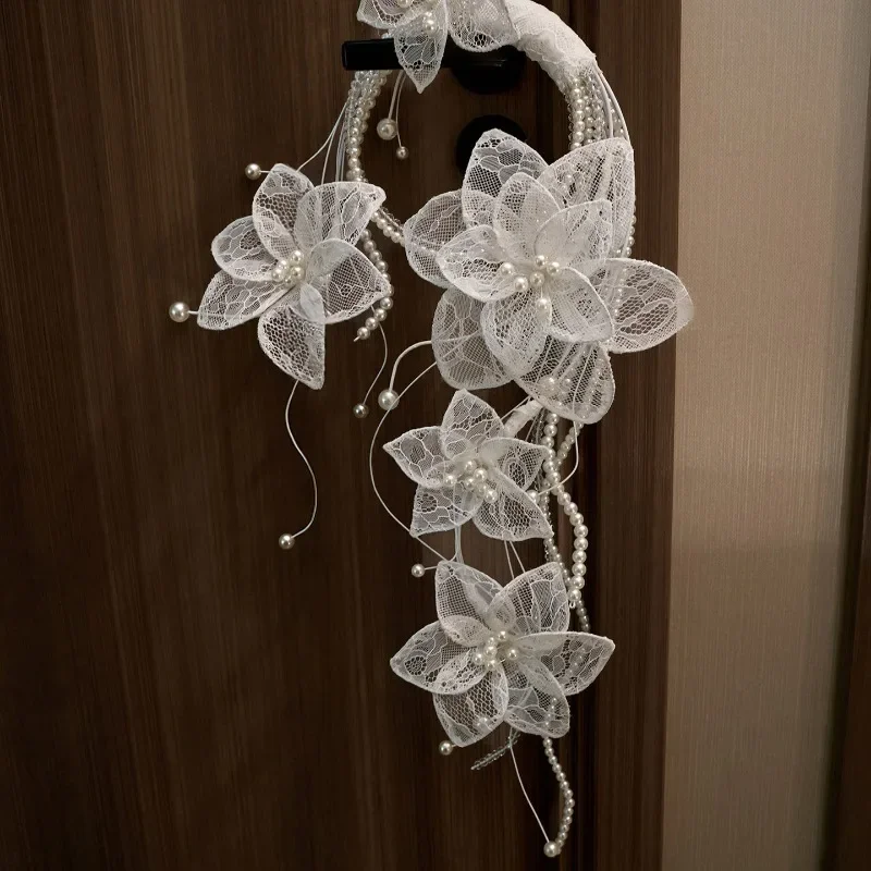 White lace pearl bridal bouquet super fairy dream wedding dress accessories original handmade wedding gifts