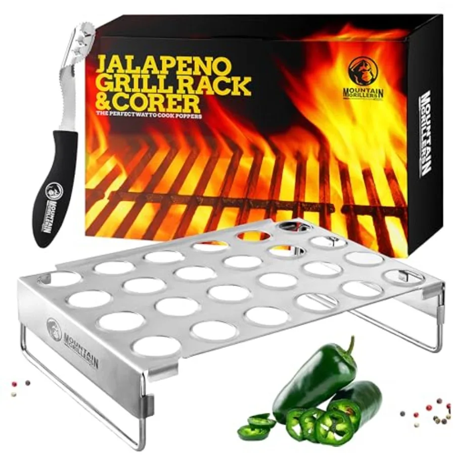 

MOUNTAIN GRILLERS Jalapeno Popper Holder for Grill with Corer Large 24 Hole Pepper Rack and Tray with Core Tool Perfect Popper