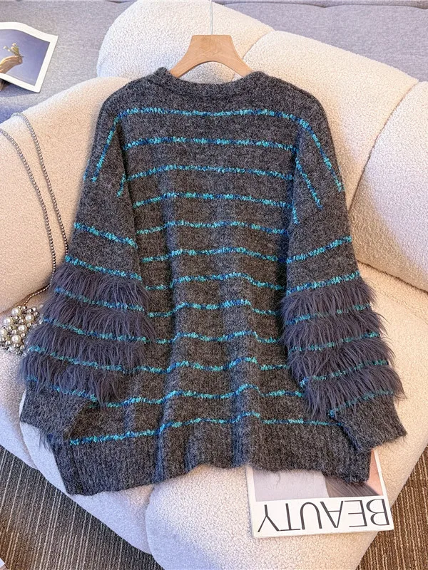 Lu Dzianinowy Sweter-Płaszcz w Paski, Miękki, Wygodny, Dekolt w Serek, Średniej Długości, Zapinany na Jeden Guzik, Jesień-Zima, Nowość, Damski...