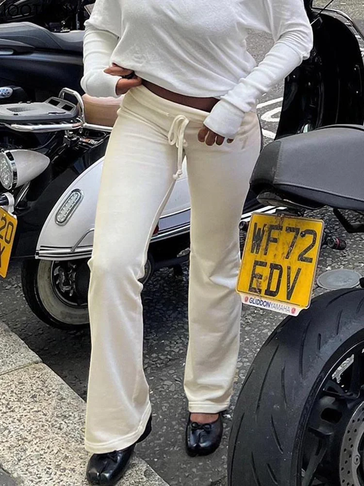 Casual Solid Color Basic Casual Pants Y2k Chic Floor Length Pants Women's Slim Retro Mid-rise Drawstring Straight Pants 2025