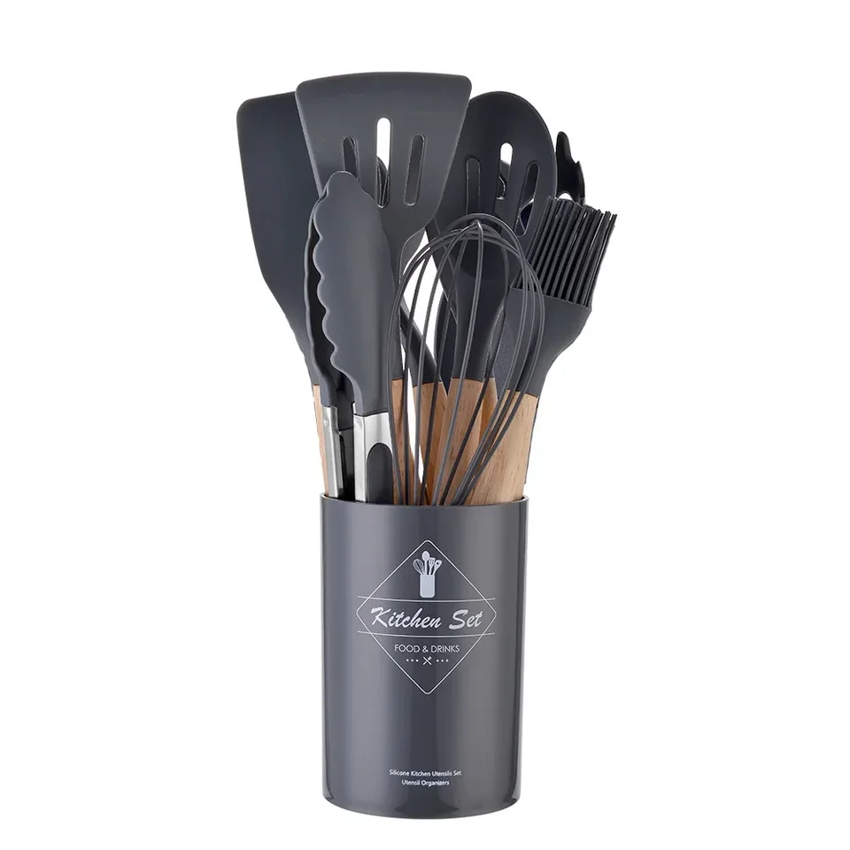 12PCS Silicone Kitchenware Non-Stick Cookware Kitchen Utensils Set Spatula Shovel Egg Beaters Wooden Handle Cooking Tool Set, image 10