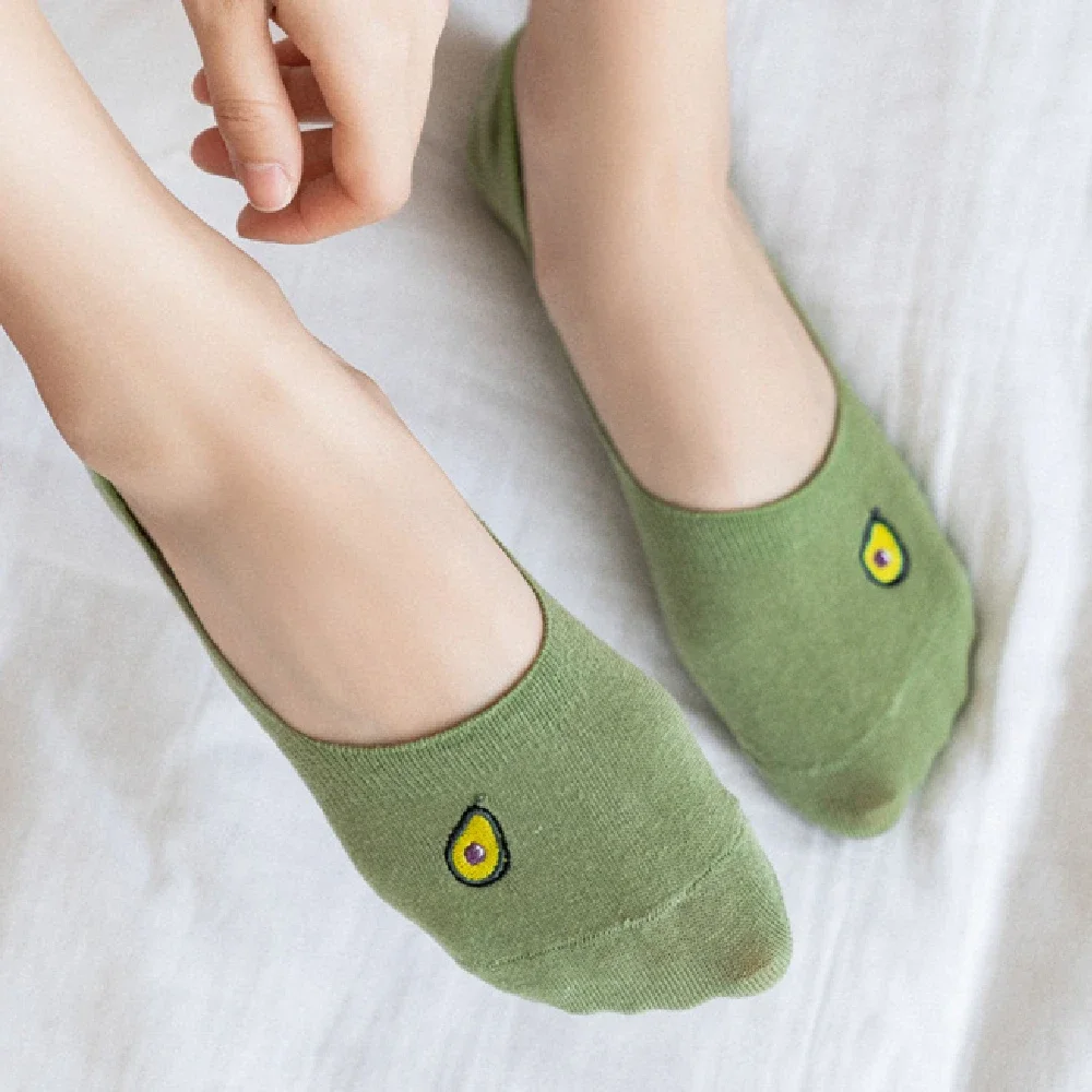 Invisible Silicone No-Slip Socks Women Embroidered Personality Cartoon Fruit Avocado Cherry Summer Spring