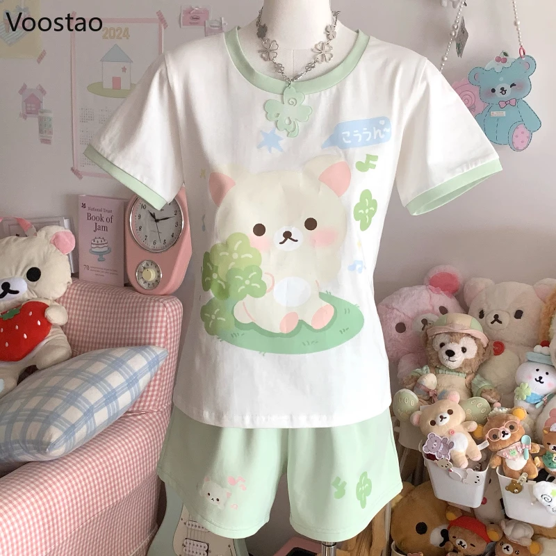 

Japanese Kawaii Cartoon Print Lolita 2 Piece Set Women Sweet Short Sleeve T-shirts Sports Shorts Suit Summer Casual Y2k Outfits