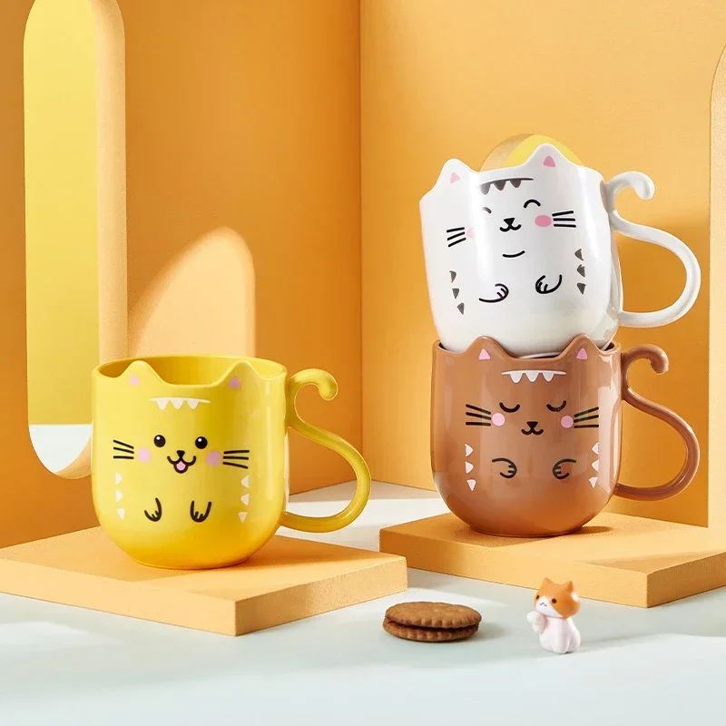 Cartoon Gargle Cup Children Milk Coffee Cup with Handle Thickened Travel Portable Plastic Cat Shape Mouthwash Toothbrush Cup