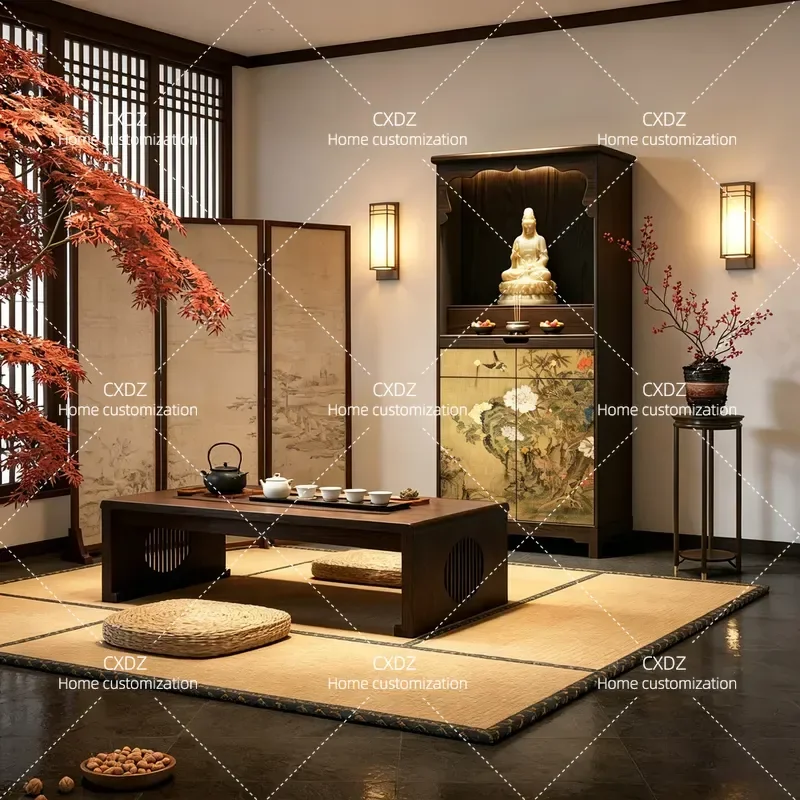 New Chinese Style Solid Wood Flower Bird Peony Shrine Cabinet Household Offering Platform Zen Vertical Cabinet Custom Altar