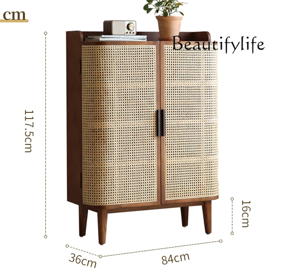 

Nordic solid wood antique shoe cabinet creative living room entrance rattan storage cabinet