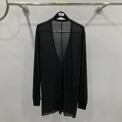 Cotton Men's Dark Dark Deep V-neck Thin Fabric Knitted Bottom Long Sleeved Solid Color T-shirt Top Men's God Black and White