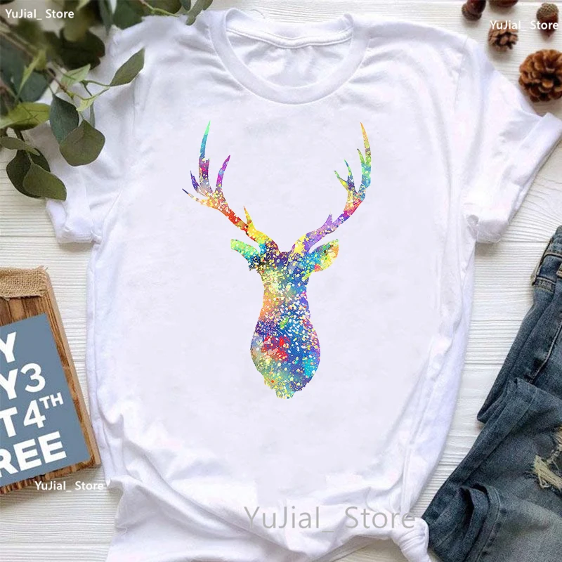 

Kawaii Sika Deer Print T Shirt Girls Summer Short Sleeve Tshirt Women White Funny T-Shirt Female White Casual Tops Tee Shirt