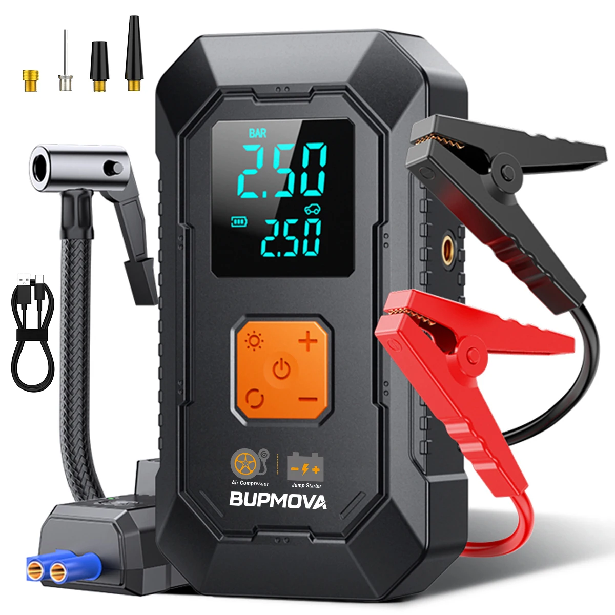 1000A/1500A PEAK Auto Startkabels & Luchtcompressor, 150PSI Bandenpomp voor Benzine/Diesel, 3-Modus LED, Draagbaar Energie Station