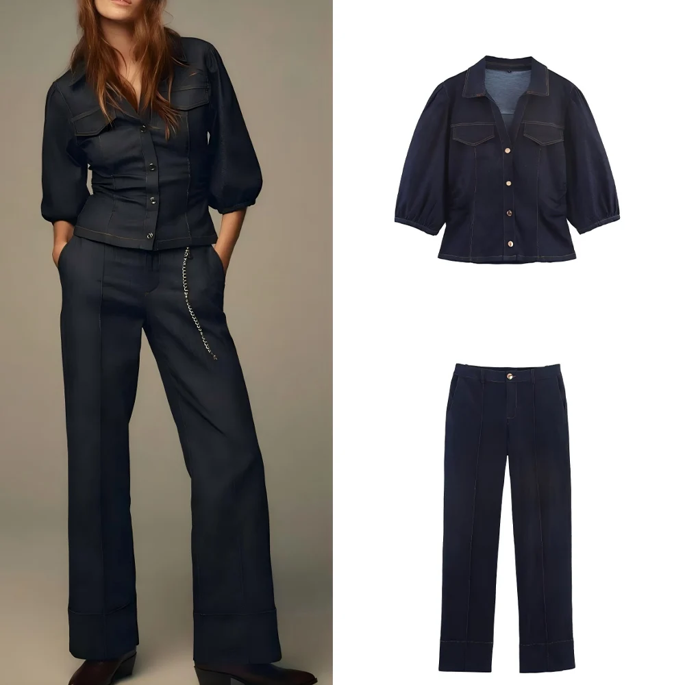 

Women's new fashion slim single breasted pleated denim shirt retro bubble sleeves women's shirt chic top+Jeans suit