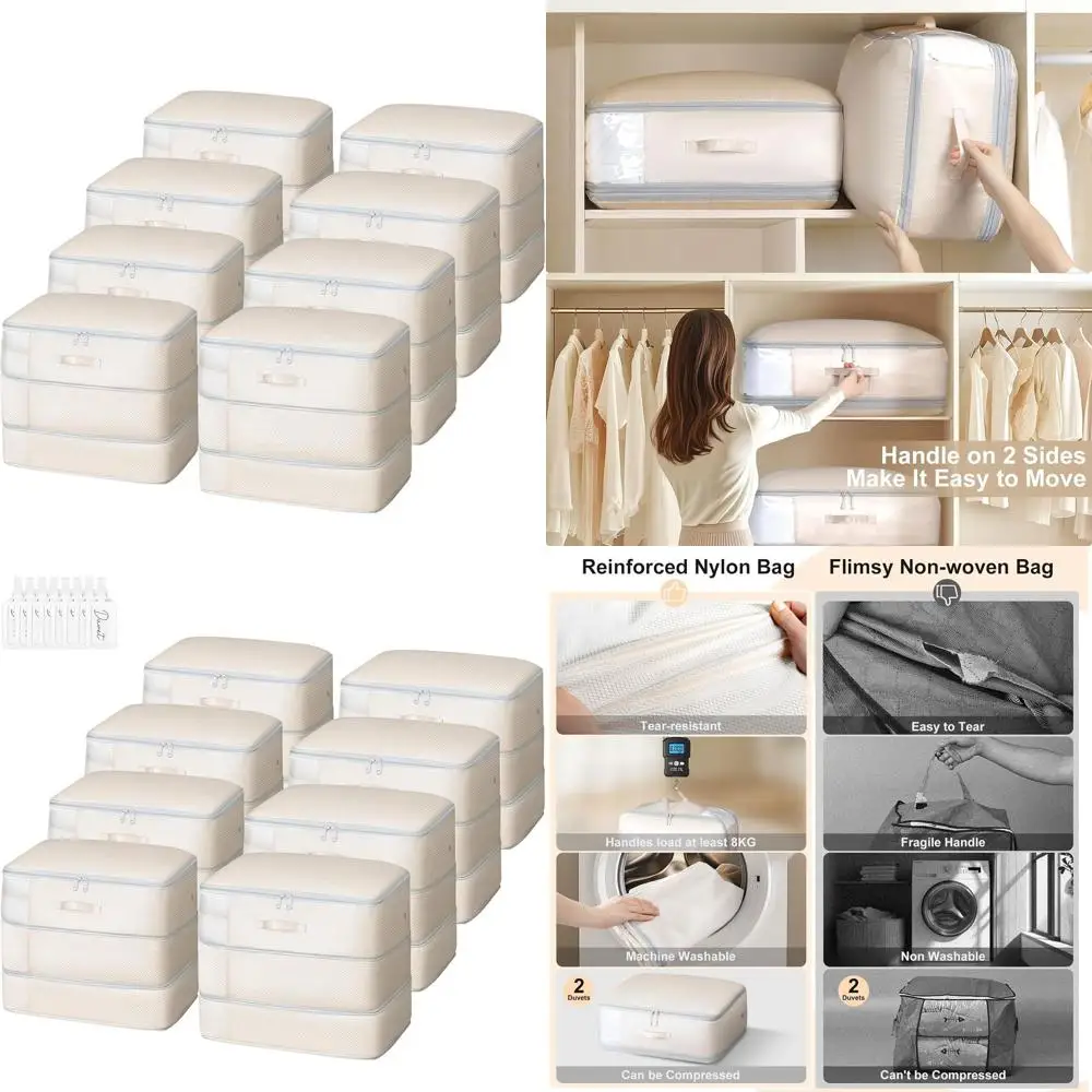

Large Capacity 8-Pack Self-Compression Storage Bags for Blankets and Comforters, Space-Saving, Washable Beige Organizers