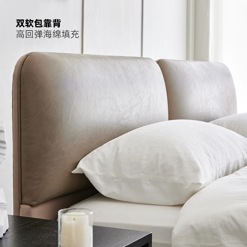 Luxury modern leather soft bag bed Home master bedroom double-back prepuce bed Urban retro first-floor cow pipi art big bed