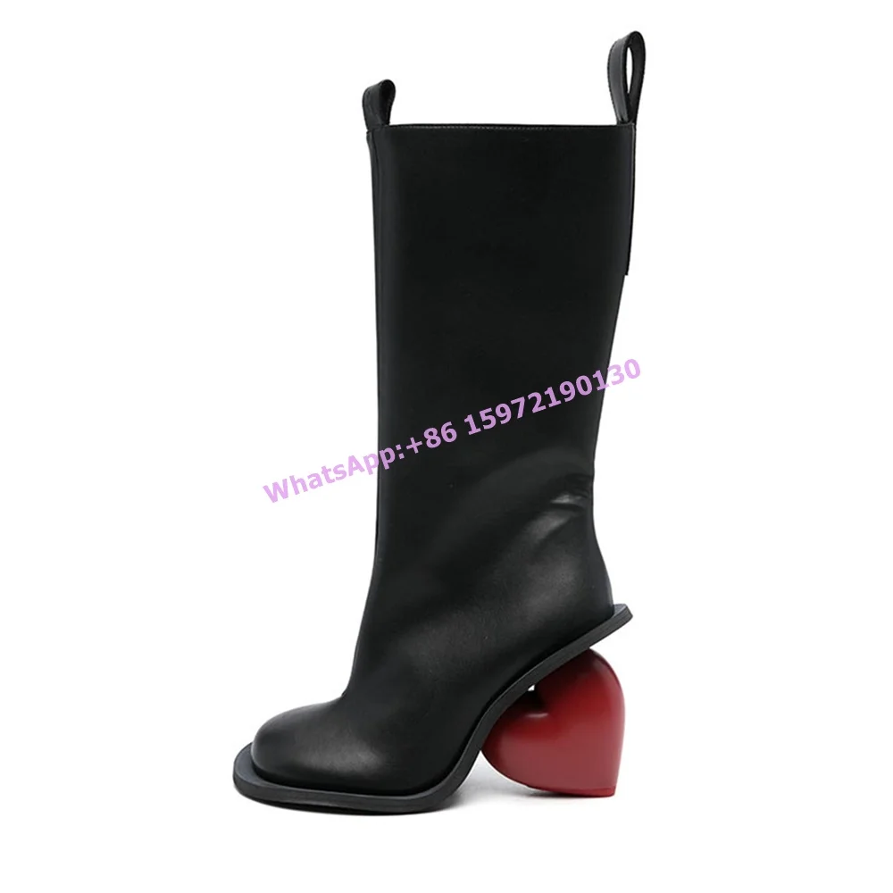 

Heart Heels Mid Calf Boots Black Red Mixed Color Round Toe Slip On Women's Chic Design Boots Winter Runway High Heels Shoes 2025