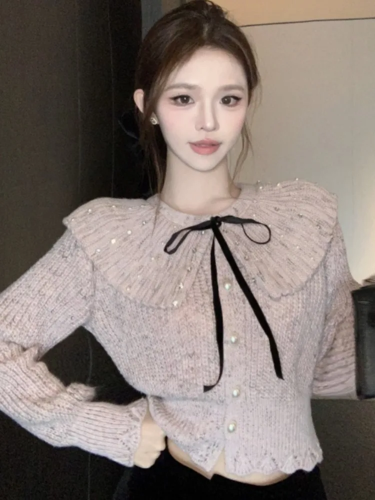 

Sweet Doll Collar Beaded Long Sleeve Knitted Sweater Women's Spring Autumn Short Style Top Korean Style Slim Fit Bubble Sleeve