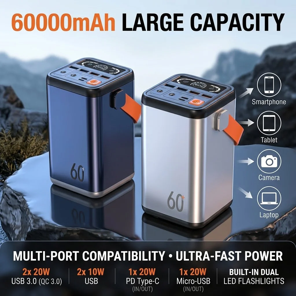 60000mAh High Capacity Portable Power Bank 45W USB-C Fast Charging External Battery Pack for iPhone Samsung Xiaomi Smartphones