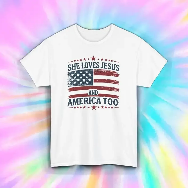 She Loves Jesus and America Too Patriotic Faith T Shirt S 5XL