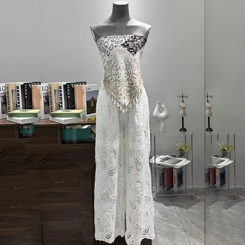 Pantaloni scavati ricamati stile vacanza da donna, pantaloni larghi con sciarpa quadrata, dritti di alta qualità, estate, novità2025