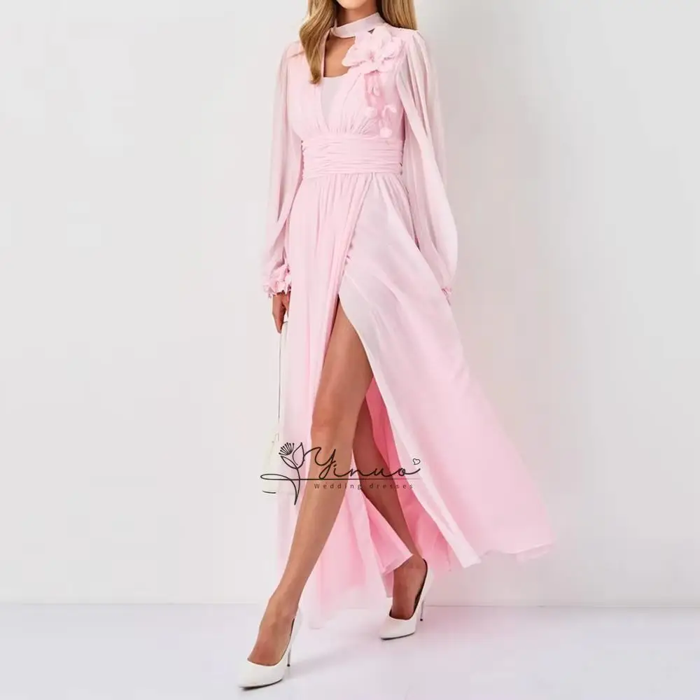 Customized A-line Evening Dresses Ankle-length O-neck Full Sleeve Prom Dresses Fashion Flowers Beading Draped