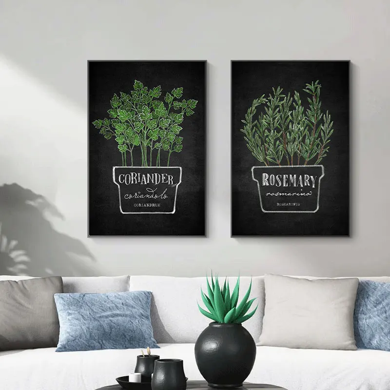 Green Potted Plants Rosemary Coriander Basil Mint Canvas Printing Blackboard Print Style Poster Wall Art Living Room Home Decor