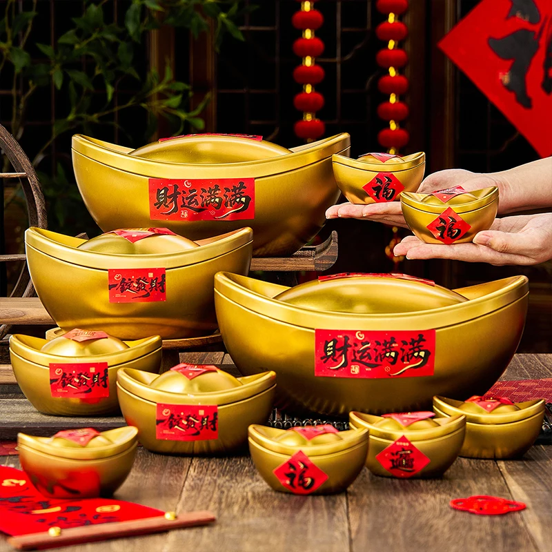 

1 Pcs Ingot Shaped Tinplate Candy Box Storage Biscuits Treats Fruit Jar Gift Container With Lid New Year Party Decor Ornaments