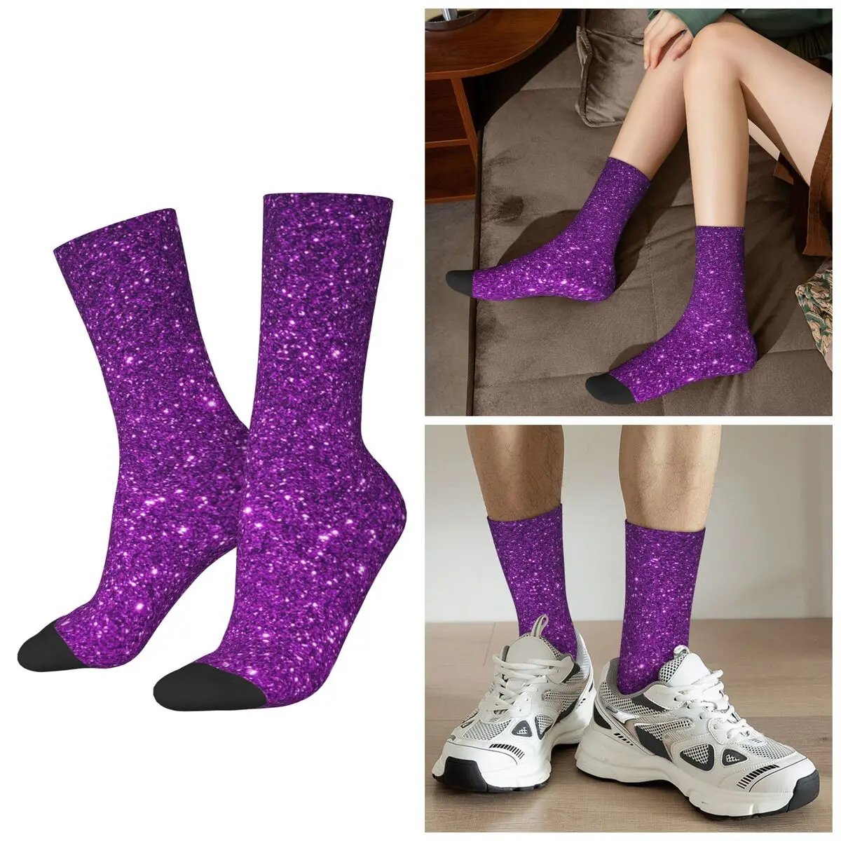 All Seasons Purple Sparkly Glitter Printing Socks Harajuku Sport Middle Tube Socks Funny Stockings for Men Women Valentine's Day