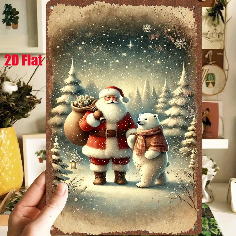 2D Flat, 1pc 2D [Flat] Metal Sign, Santa Claus and Polar Bear Strolling on a Snowy Night, Vintage Tin Painting Style, 8x12 Inche