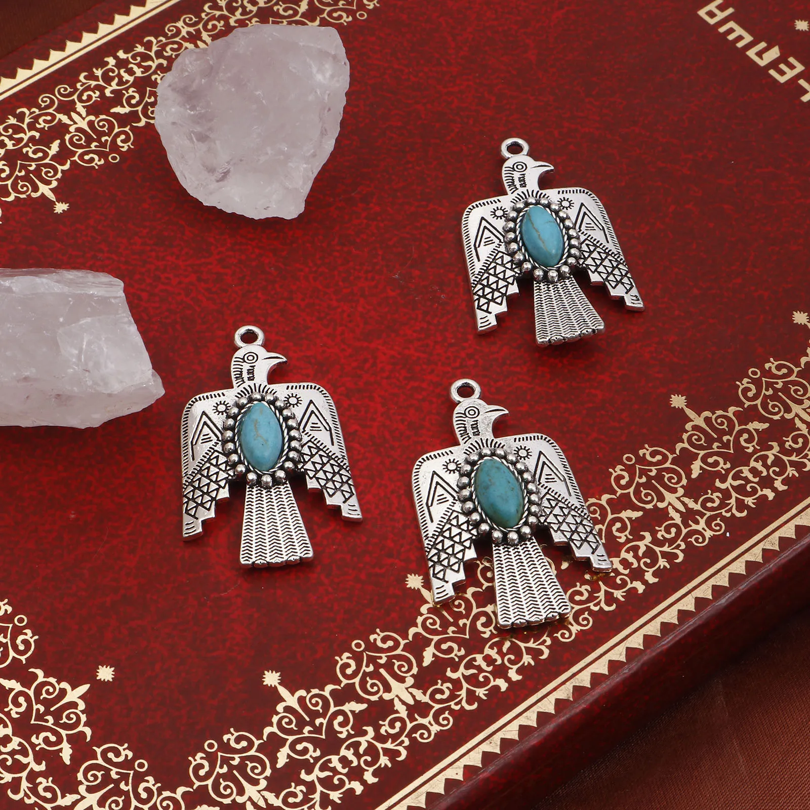 Bohemian Pendants Antique Silver Color Blue Thunderbird Resin Cabochons Imitation Turquoise Charms DIY Necklace Jewelry,5PCs