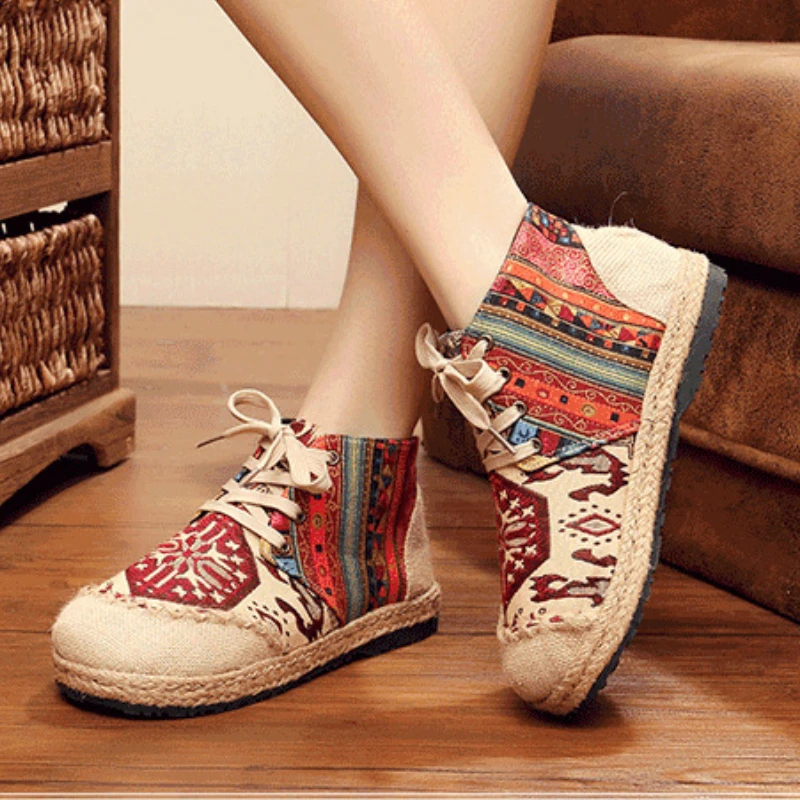 Women Ethnic Style Ankle Boots Spring Autumn Retro Round Toe Lace Up High Top Shoes Lace Up Anti-slip Linen Flats Botas Mujer