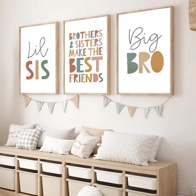 Cartoon Cute Kids Big Brother Sister Kindergarten Wall Art Poster Children Boys Girls Playroom Bedroom Home Decor Wall Art