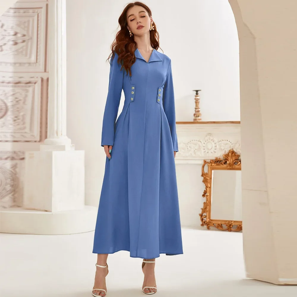 Women Eid Muslim Dresses Morocco Jalabiya V Neck Pearls Dubai Long Robe Party Dress Vestidos Solid Elegant High Waist Kaftan