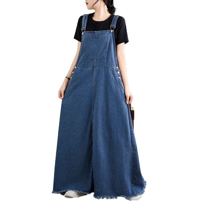 Letnie nowe, jednokolorowe, ponadgabarytowe damskie eleganckie frędzle, patchworkowe kieszenie, guziki, na co dzień, luźne szelki, sukienki dżinsowe
