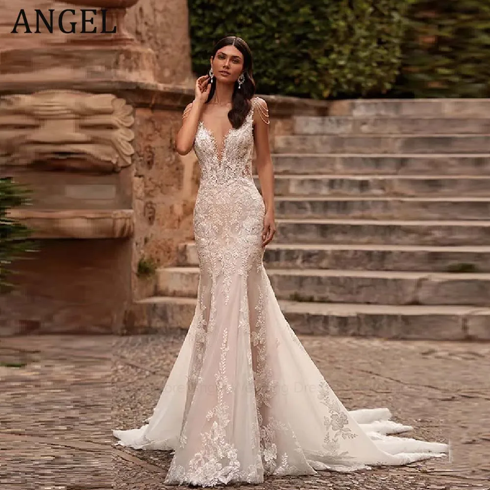 ANGEL Customized Luxury Wedding Dress for Bride 2026 Romantic Mermaid Lace Appliques Beads Long Bridal Dresses Vestidos De Novia