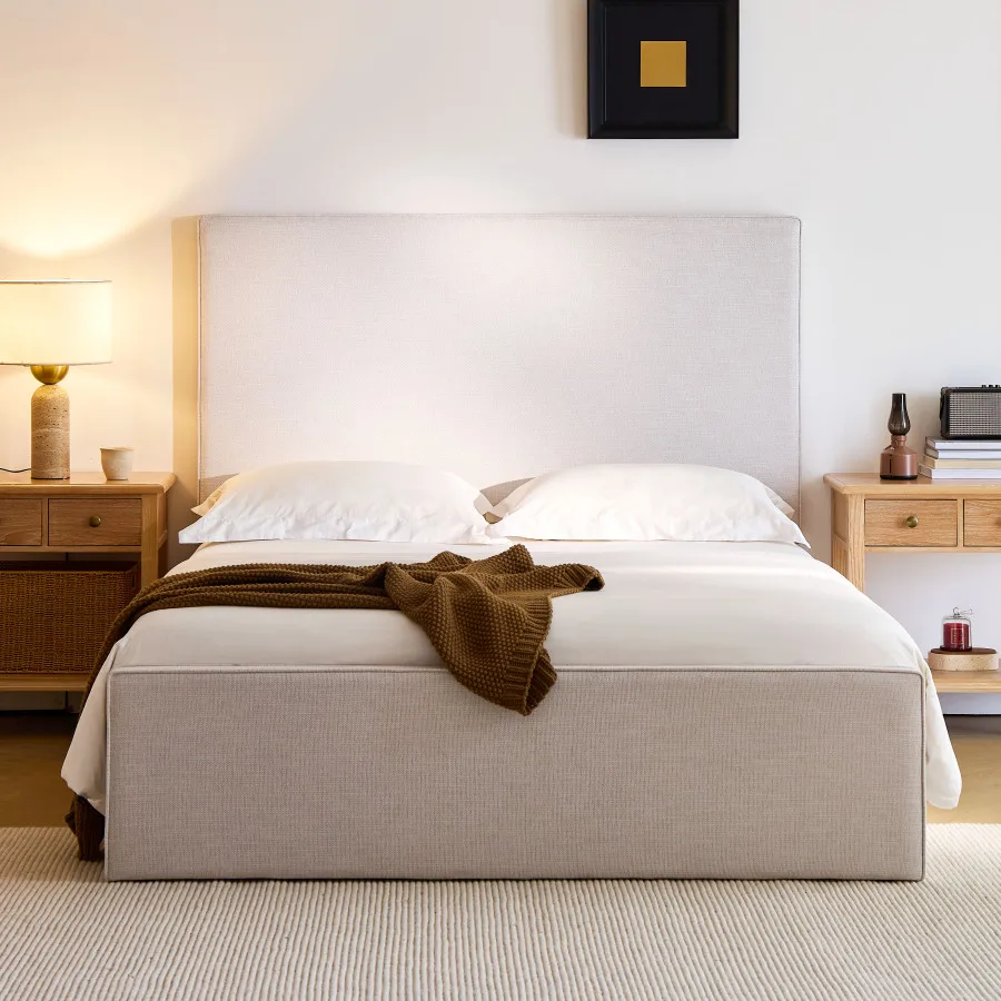 

Queen upholstered bed with 52 tall textured ivory canvas headboard for bedroom, elegant simplicity design, no box spring needed