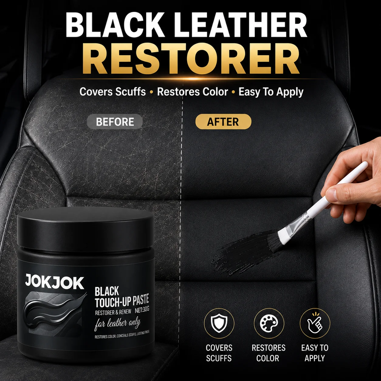 Leather Repair Paste For Car Seats Sofa Shoes Bags, Black Leather Restorer Scratch Scuff Cover Color Renew Cream 30G