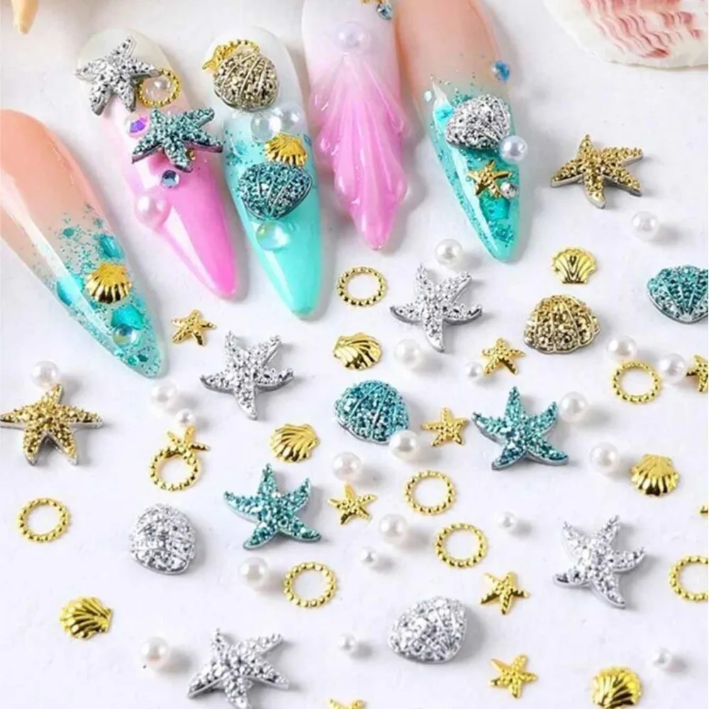 1Bag Summer Ocean Rivet Studs Nail Charms Starfish Sea Shells Metal Rivets Mixed Pearl Beads Nail Art Decoration DIY Women Salon