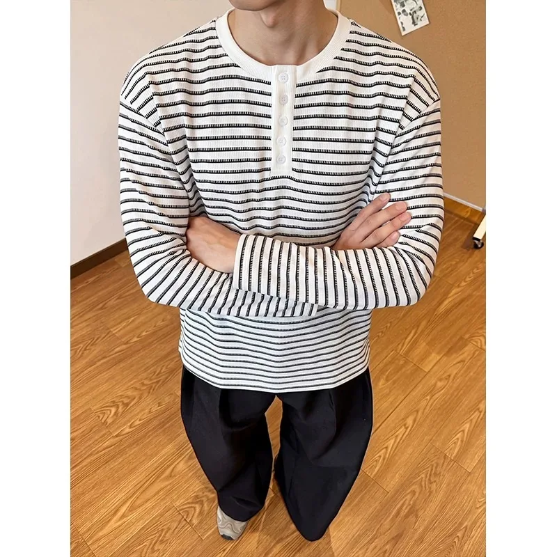 In stock 2026 autumn new trendy striped buckle collar T-shirt