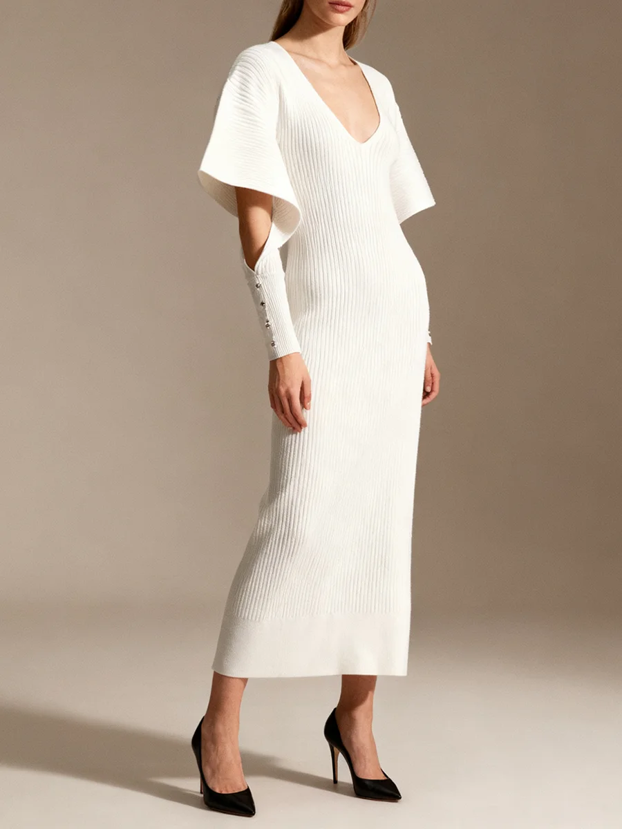 VGH Sexy Fashion Party Irregular Sleeve Mid Dress for Women Deep Neck Patchwork Cut Out Designer Knitted Bodycon Dresses Female