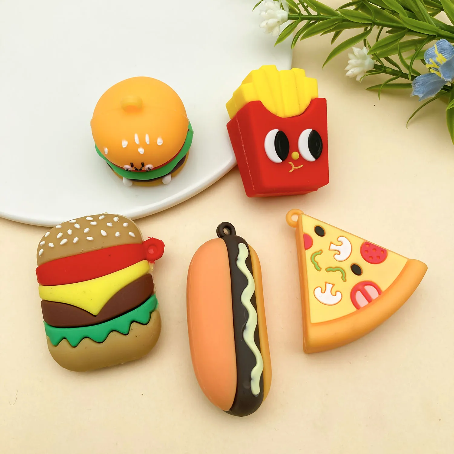 5pcs PVC Plastic Simulation Food Pendants Mixed Style Pattern Colorful Charms For DIY Bracelet Necklace Keychain Making Supplies