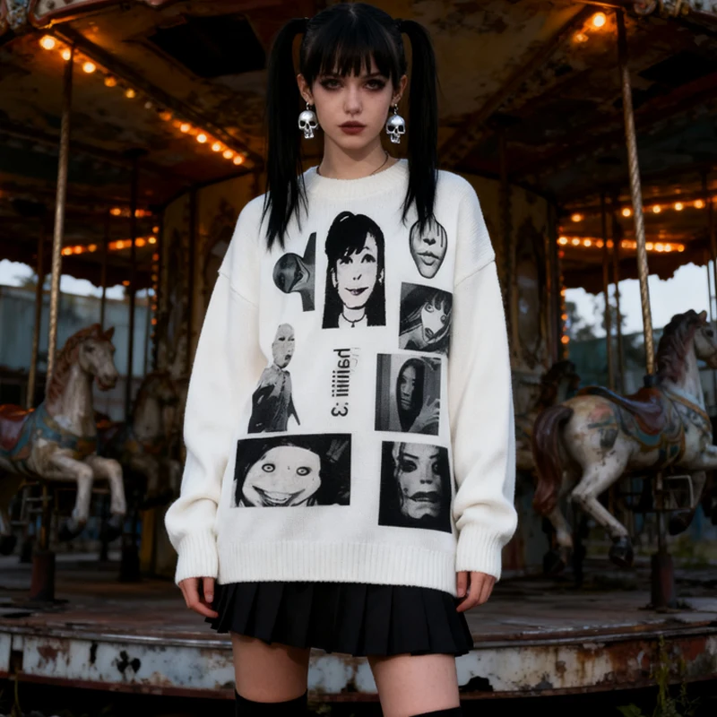 

Нейтральный готический свитер с принтом ужасов и коллажей для мужчин и женщин, эмо-панк, эстетика, супер-стрит, головной убор, вязаный свитер