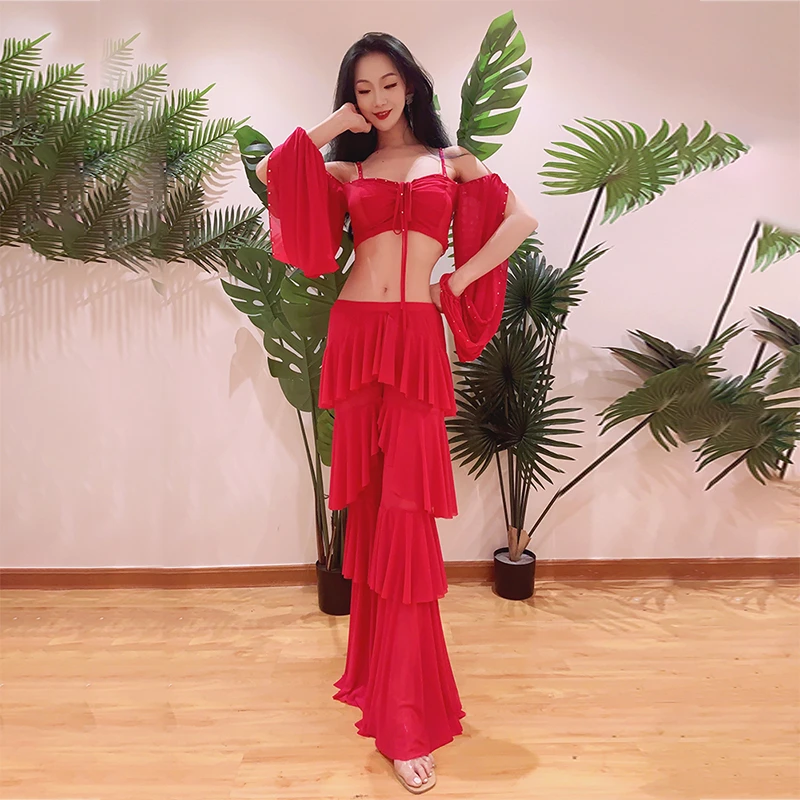 Belly Dance Practice Suit for Women Bellydancing Elastic Cake Pants White Top 2pcs Oriental Dance Suit Female Oriental Outfit