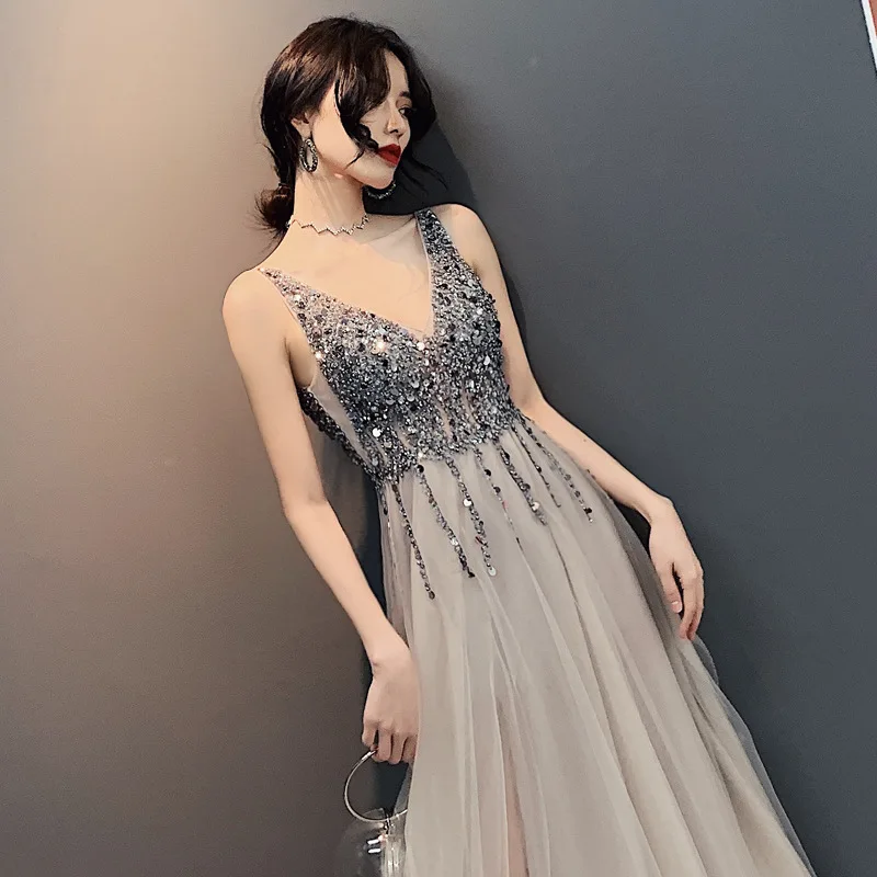 LZPOVE Beading Evening Dress V-Neck Dark Grey High Split Tulle Sweep Train Sleeveless Prom Gown A-line Backless Vestido De Gala