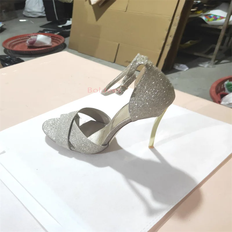 

Thin Heels Cover Heel Sandals Women Bride Wedding Shoes Glitter One Line Ankle Buckle Metal Blade Heel Sandals