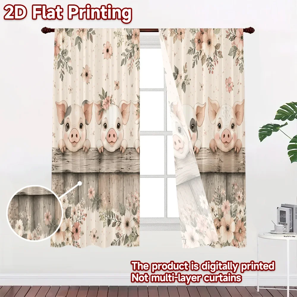 2D FLAT PRINTING 2pcs Curtains (Without Rod) Floral Pigs on Fence Modern Curtains Machine Washable Fabric Curtains Gift Suitable
