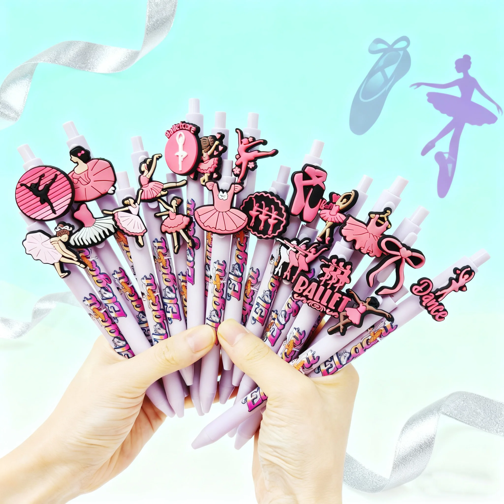 

9pcs/17pcs ballet-themed patch ballpoint pens with taro paste purple ballet print pattern ballpoint pens