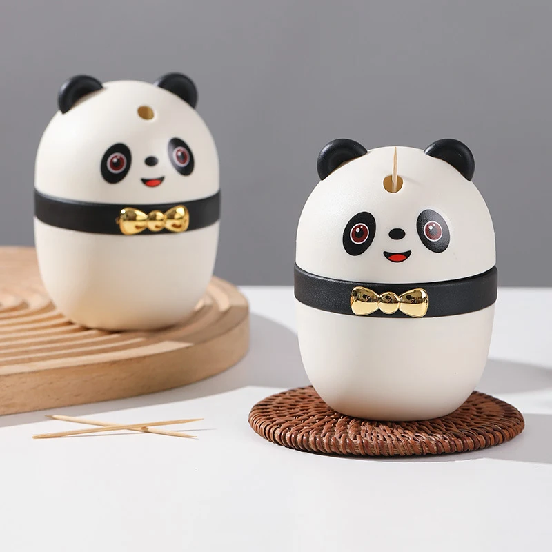 Portable Cartoon Panda Toothpick Storage Box Cotton Swab Storage Household Press Dental Floss Box Desktop Creative