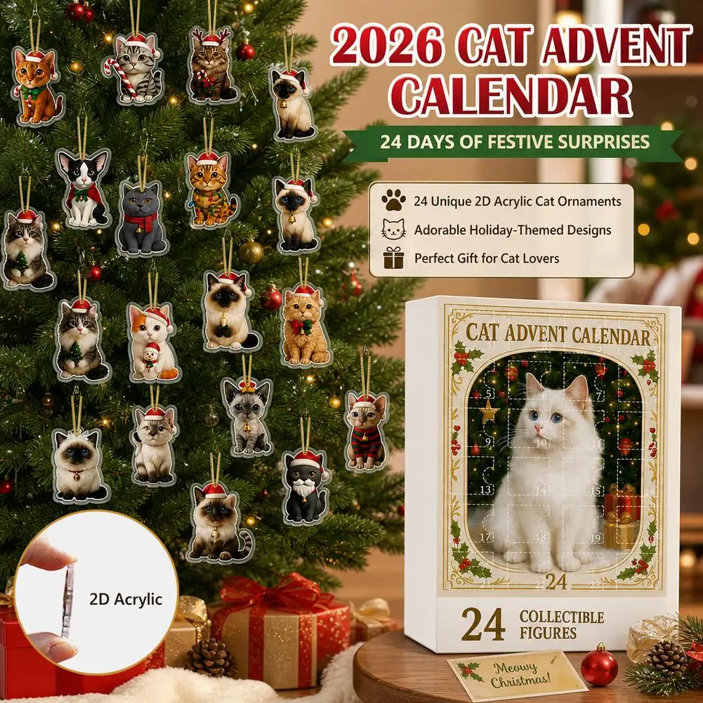 Cat Lovers Advent Calendar Christmas Countdown 24 Days 2D Acrylic Kitten Hanging Xmas Tree Ornaments Blind Box Gifts Decor