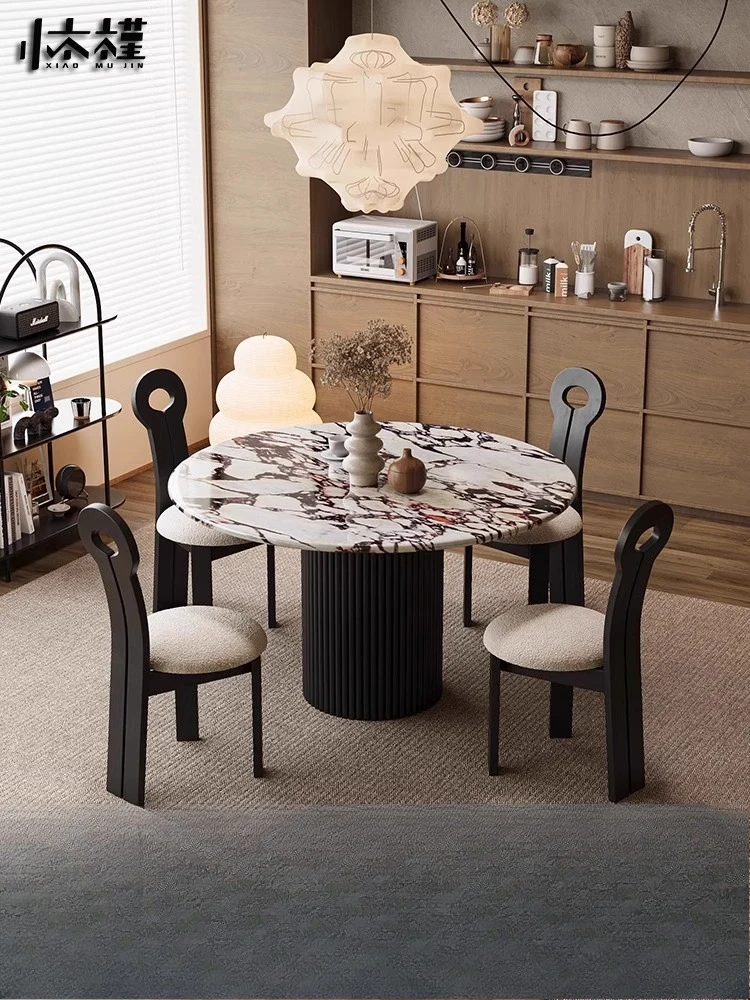 

French retro Bulgari marble round dining table small apartment household antique luxury stone round dining table and chair