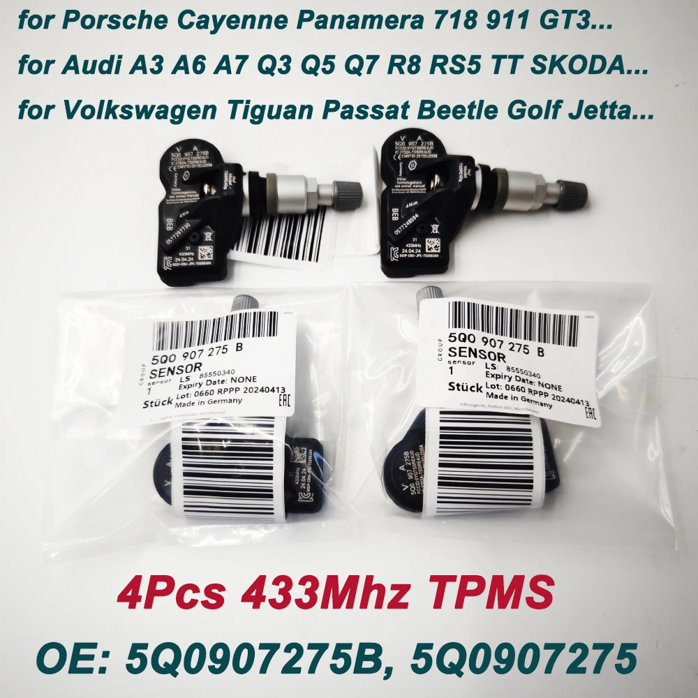 4Pcs 5Q0907275B 5Q0907275 433MHz TPMS For Audi Skoda A3 A7 A6 Porsche 911 Cayenne VW Tiguan Passat Beetle Tire Pressure Sensor