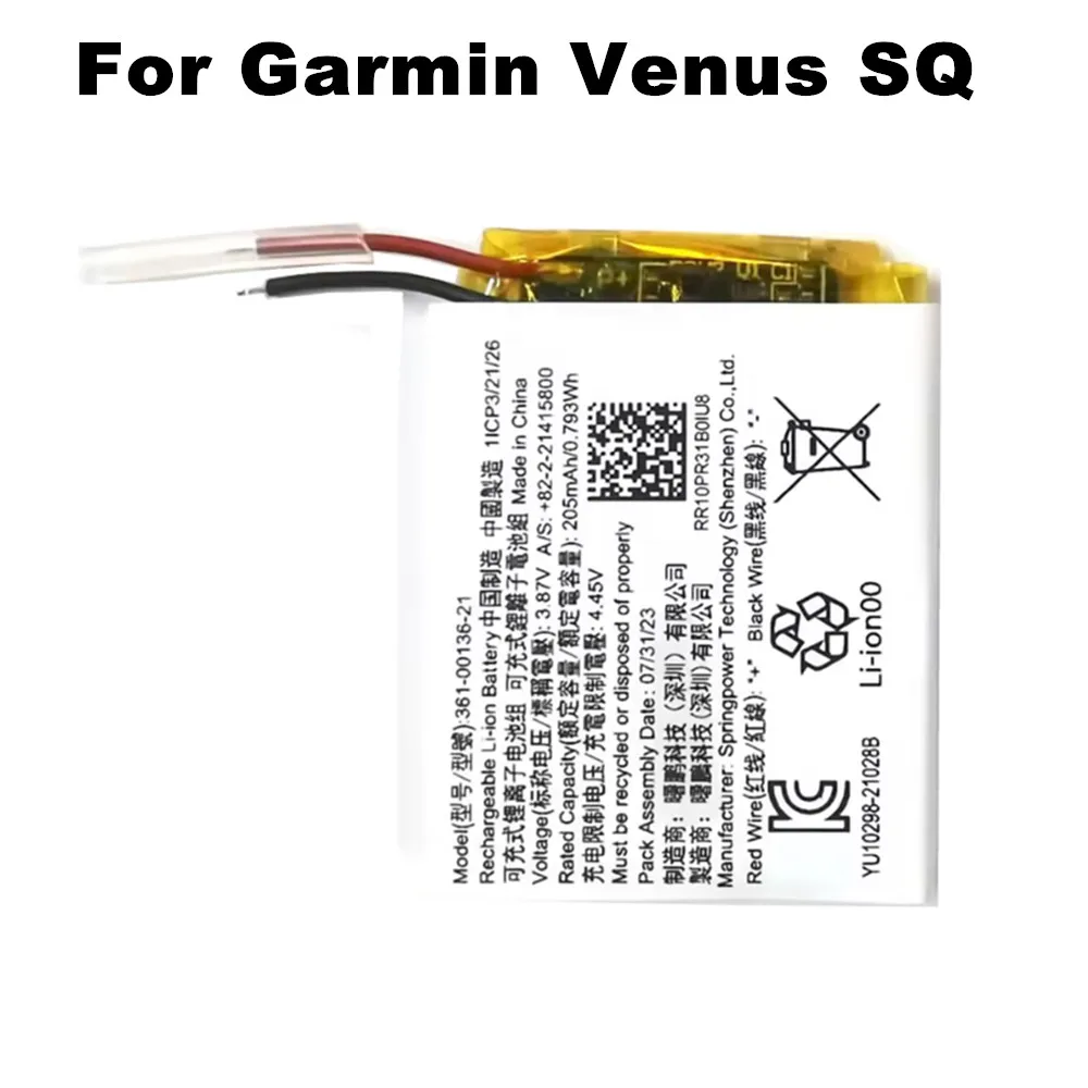 361-00136-21 205mAh 361-00136-10 361-00136-20 بطارية بديلة أصلية لساعة الموسيقى Garmin Venus SQ Venu SQ2