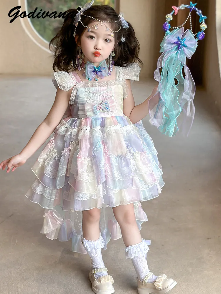 Sweet Baby Girls Lolita Tutu Princess Dress Kids Mesh Train Feifei Sleeve Cute Bow Runway Shows Performances Birthday Ball Gown